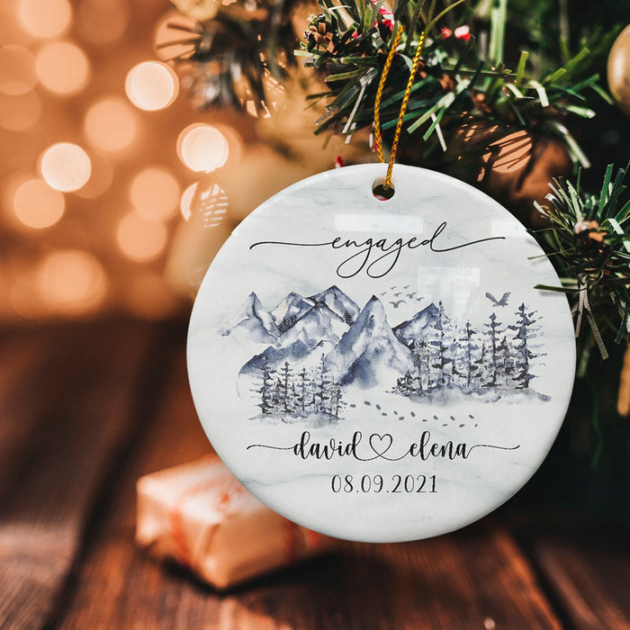 Personalized Engagement Ornament Christmas Engaged Print Moutain In Winter Custom Names & Date Circle Ceramic Ornament
