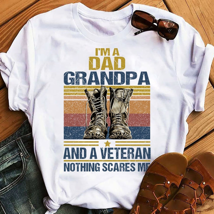 Classic T-Shirt For Men I'm a Dad Grandpa and a Veteran Military Shoes Printed With Dog Tag Retro Vintage Shirt