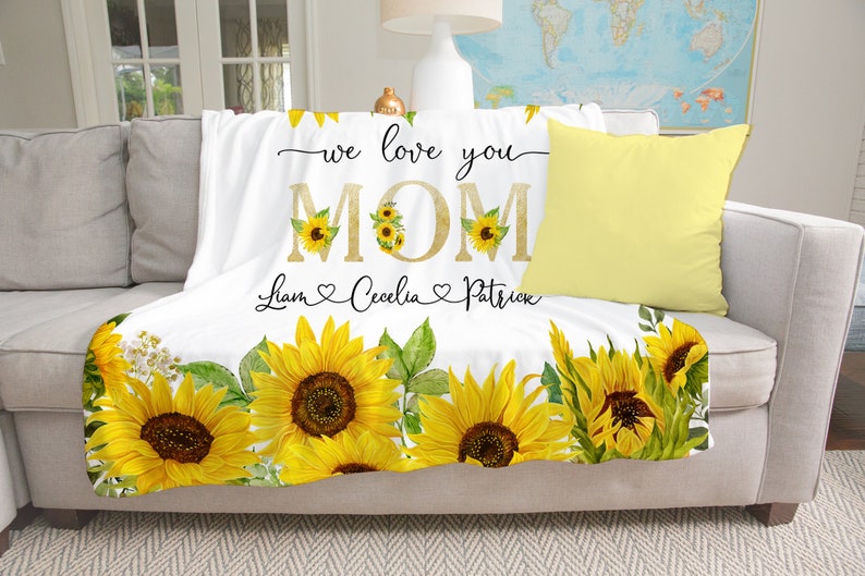 Personalized Blanket Mom Grandma We Love You Sunflower Printed Custom Grandkids Name  Sunflower Fleece Blanket