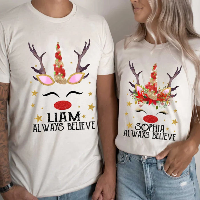 Personalized Matching Shirt For Couple Unicorn Reindeer Printed Custom Name Always Believes T-Shirt