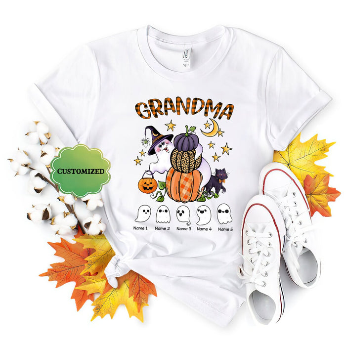 Personalized T-Shirt For Grandma Cute Ghost With Plaid Leopard Pumpkin And Black Cat Printed Custom Grandkid's Name