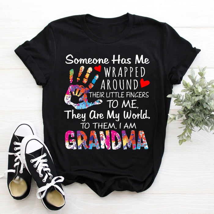 Personalized For Grandma T-Shirt Someone Has Me Wrapped Around Their Little Fingers Handprint Printed