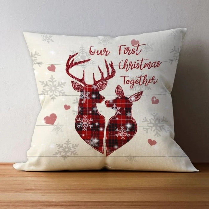 Personalized Pillow For Couple Our First Christmas Together Deer Couple Printed Heart & Snowflake Design Custom Names