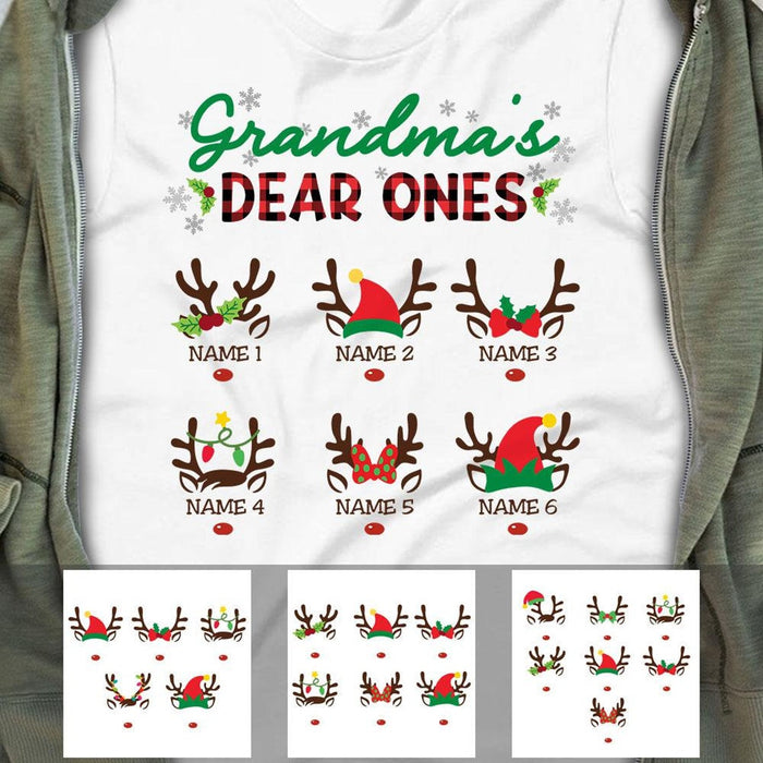 Personalized T-Shirt Grandma's Dear Ones Cute Deer Horn Printed Custom Grandkids Name Red Buffalo Plaid Design