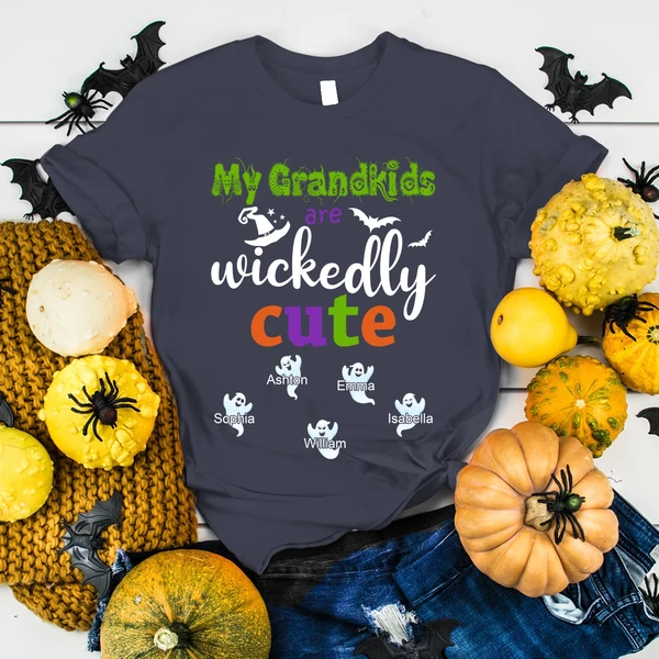 Personalized T-Shirt For Grandma My Grandkids Are Wickedly Cute Ghost & Witch Hat Custom Grandkid's Name Halloween Shirt