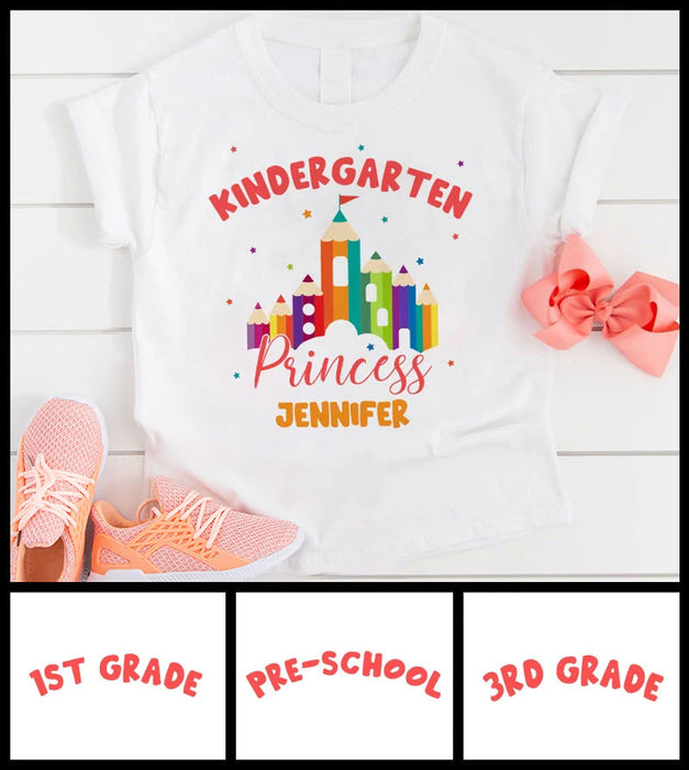 Personalized T-Shirt For Kids Kindergarten Princess Crayon Castle Custom Name & Grade Level Back To School Outfit
