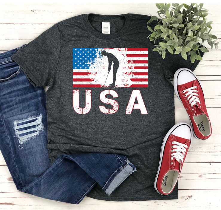 Classic T-Shirt For Golf Lovers USA Golfer American Flag Printed Red White Blue Design Shirt For Golf Team