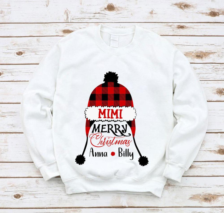 Personalized Sweatshirt For Grandma Mimi Merry Christmas Cute Hat Printed Custom Grandkids Name Plaid Design