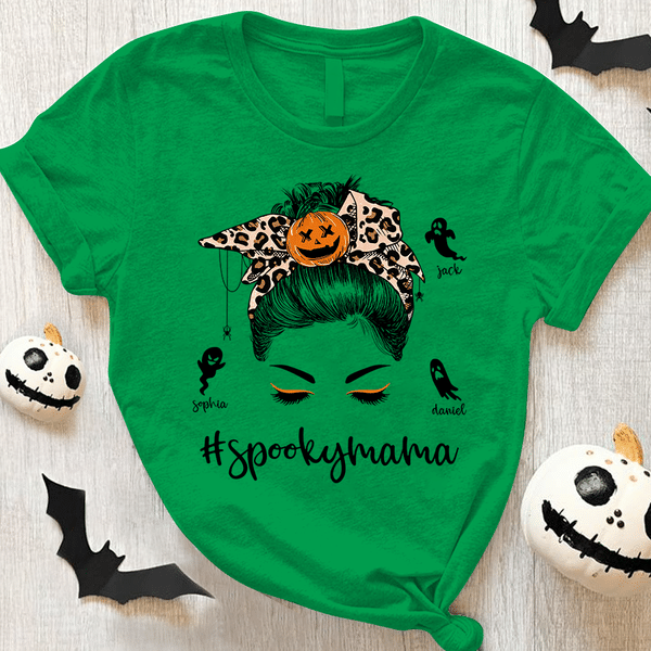 Personalized T-Shirt For Women Spooky Mama Messy Bun Hair With Leopard Headband & Pumpkin Printed Custom Kid's Name