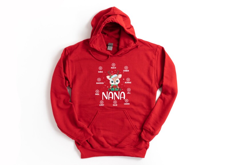 Personalized Christmas Hoodie For Grandma Nana Reindeer & Snowflakes Printed Custom Grandkids Name