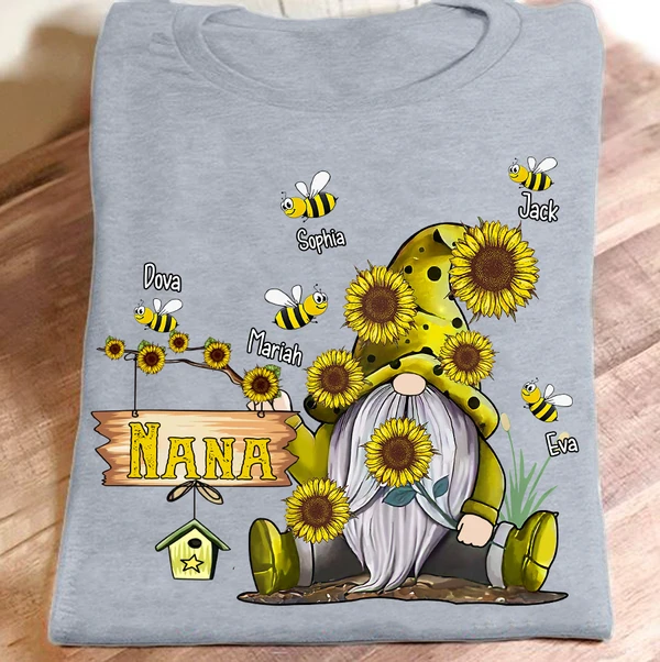 Personalized T-Shirt For Grandma Cute Gnome With Sunflower And Bees Printed Custom Grandma's Nickname & Grandkid's Name