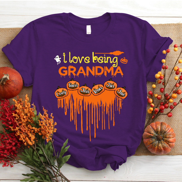 Personalized T-Shirt I Love Being Grandma Pumpkin Dripping Heart With Ghost And Broom Printed Custom Grandkids Name