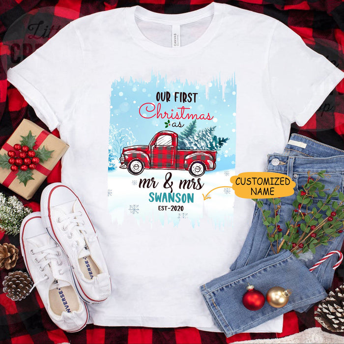 Personalized Our First Christmas As Mr And Mrs Shirt For Couple Husband Wife Red Buffalo Plaid Truck With Xmas Tree Tee