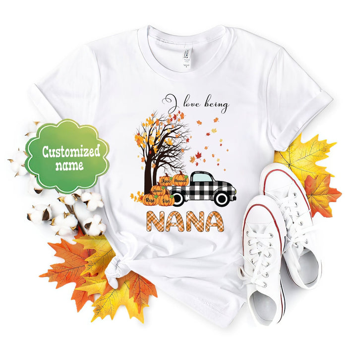 Personalized T-Shirt For Grandma I Love Being Nana Pumpkin Truck And Maple Tree Printed Custom Grandkids Name Fall Shirt