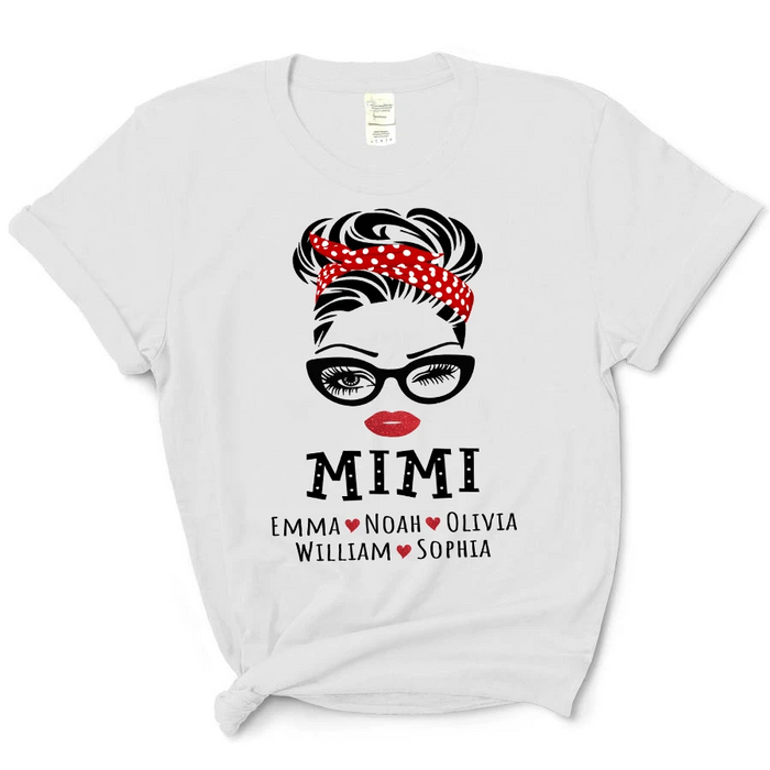 Personalized T-shirt For Grandma Messy Bun Hair Mimi Custom Grandkids Name Woman With Headband Printed