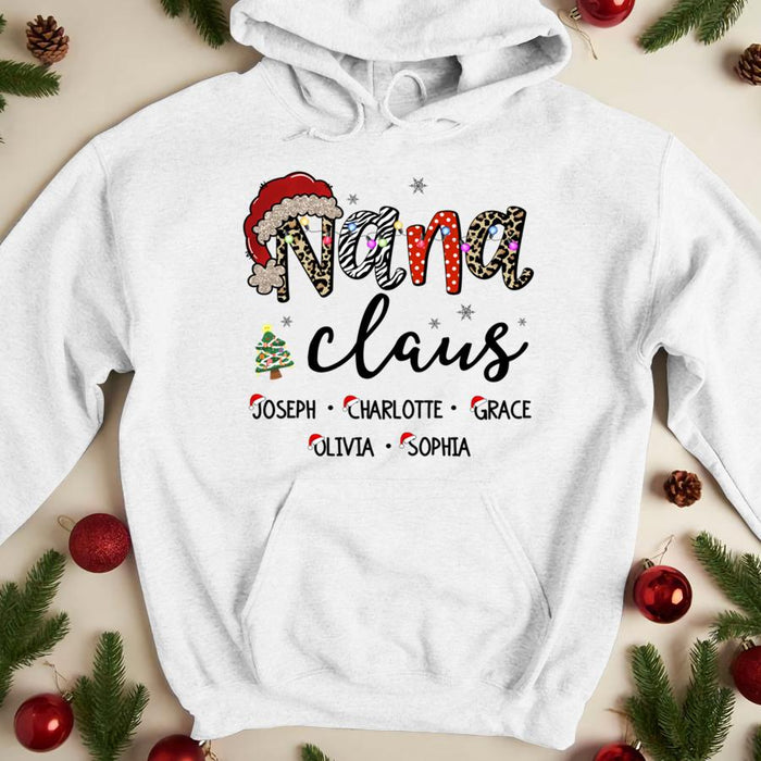 Personalized Hoodie For Grandma Nana Claus Print Cute Santa Hat Tree & Snowflake Leopard Design Custom Grandkids Name