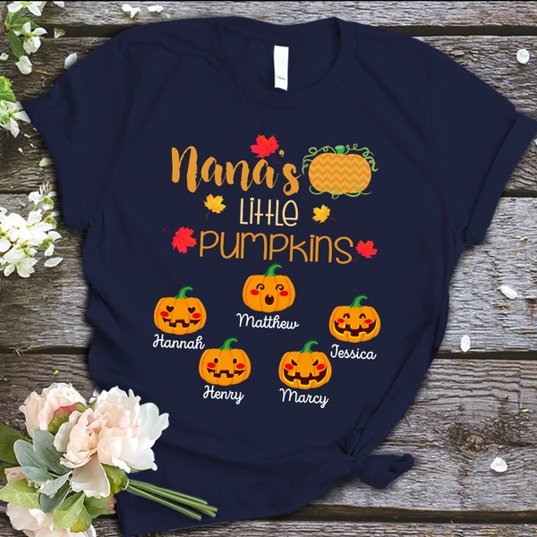 Personalized T-Shirt For Halloween Nana's Little Pumpkins Cute Pumpkin With Maple Leaves Custom Grandkids Name