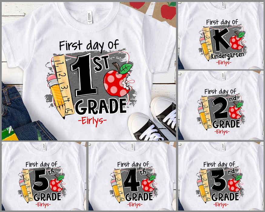 Personalized T-Shirt For Kids Back To School First Day Of 1st Grade Apple & Pencil Printed Custom Name