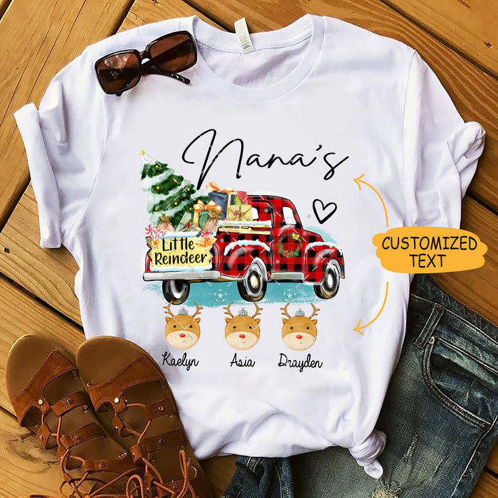 Personalized Nana's Little Reindeer Tshirt Red Buffalo Plaid Christmas Truck With Xmas Trees Tee Classic Winter Holiday