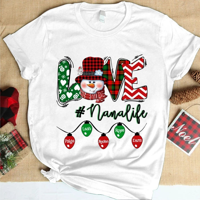 Personalized T-Shirt For Grandma Love Hashtag Nana Life Cute Snowman & Lights Printed Custom Grandkids Name Plaid Design