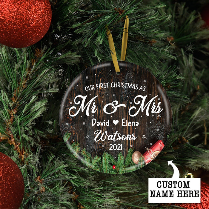 Personalized Newlywed Ornament Our First Christmas As Mr & Mrs Print Poinsettia & Boxes  Wooden Background Custom Names
