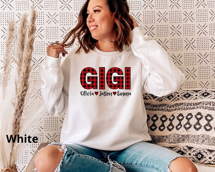 Personalized Christmas Sweatshirt For Grandma Gigi Shirt Custom Grandkids Names Red Buffalo Plaid Design