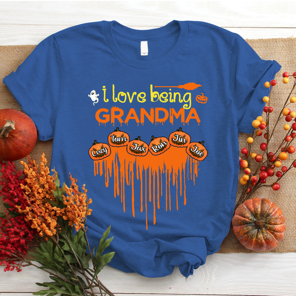 Personalized T-Shirt I Love Being Grandma Pumpkin Dripping Heart With Ghost And Broom Printed Custom Grandkids Name