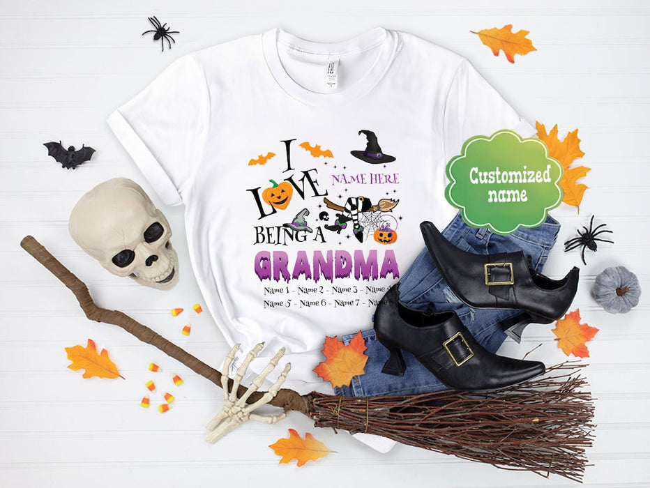 Personalized T-Shirt Love Being A Grandma Witch Pumpkin Broom & Bat Printed Custom Grandkids Name Halloween Shirt