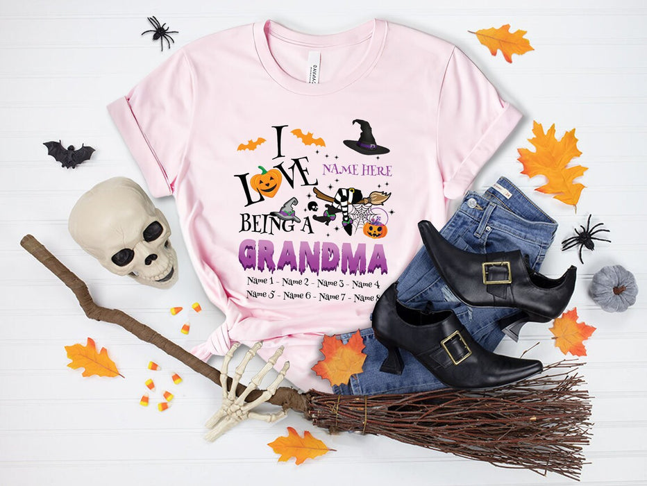 Personalized T-Shirt Love Being A Grandma Witch Pumpkin Broom & Bat Printed Custom Grandkids Name Halloween Shirt