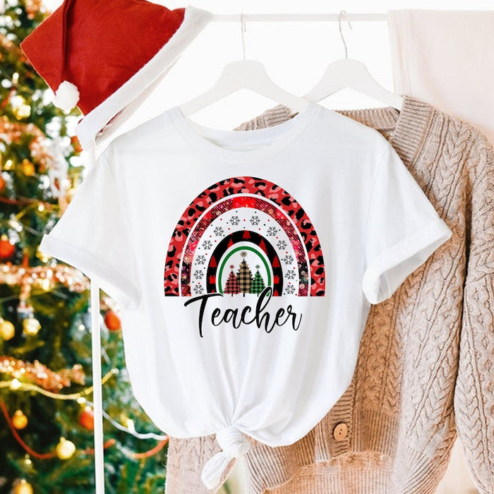 Personalized Unisex T-Shirt For Teacher Boho Rainbow Xmas Tree & Snowflakes Printed Plaid Leopard Design