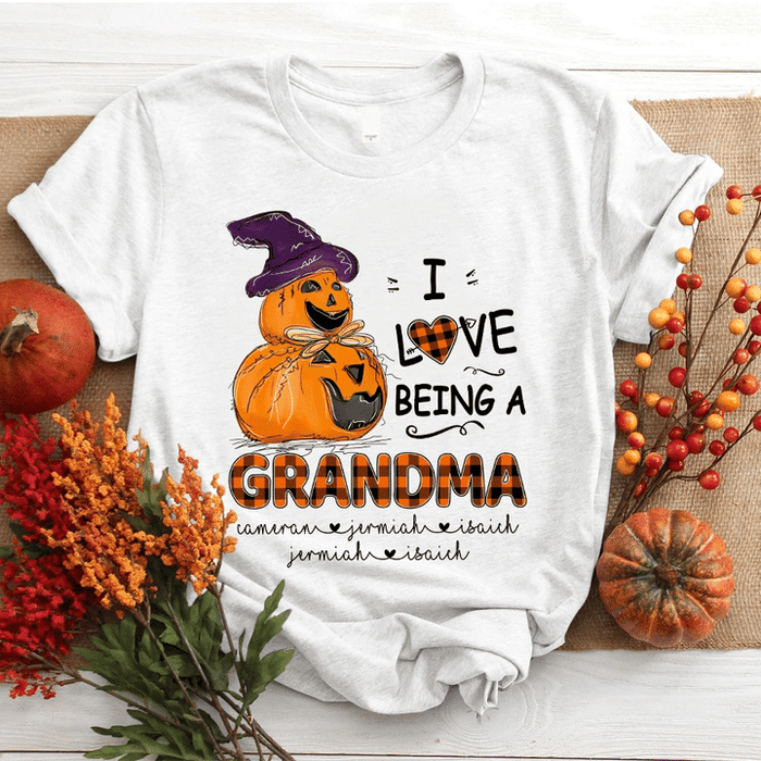 Personalized T-Shirt I Love Being A Grandma Funny Pumpkin Scarecrow Printed Custom Grandkids Name Shirt For Halloween