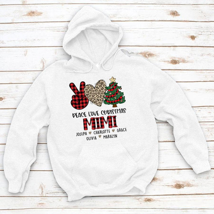 Personalized Sweatshirt & Hoodie For Grandma Peace Love Christmas Mimi Print Xmas Tree Heart Custom Grandkids Name