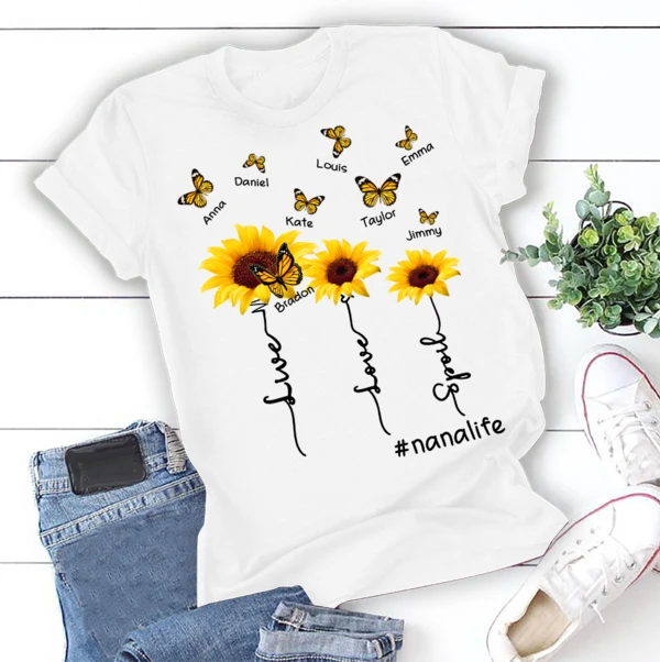 Personalized T-Shirt For Grandma Live Love Spoil Hashtag Nana Life Sunflower & Butterfly Printed Custom Grandkids Name