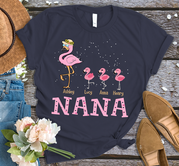 Personalized T-Shirt For Grandma Nana Pink Flamingo And Baby Printed Custom Grandkid's Name Floral Shirt