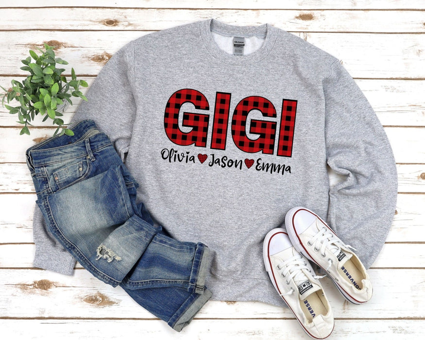 Personalized Christmas Sweatshirt For Grandma Gigi Shirt Custom Grandkids Names Red Buffalo Plaid Design