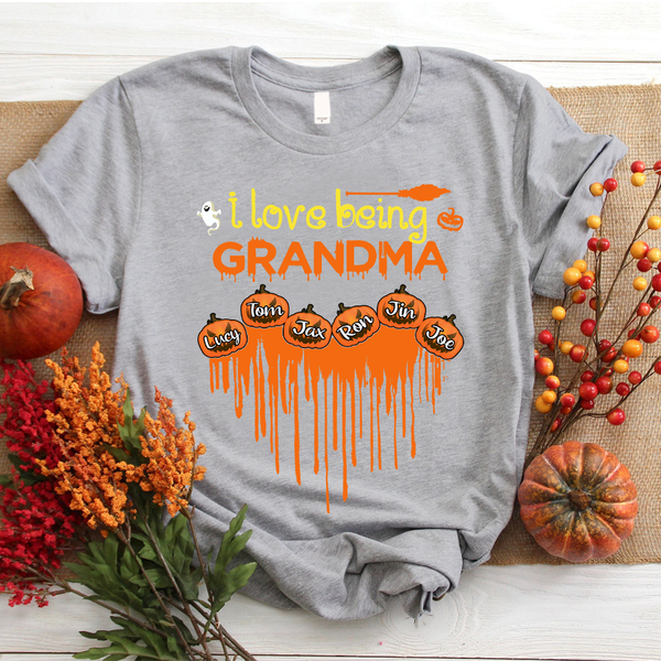 Personalized T-Shirt I Love Being Grandma Pumpkin Dripping Heart With Ghost And Broom Printed Custom Grandkids Name