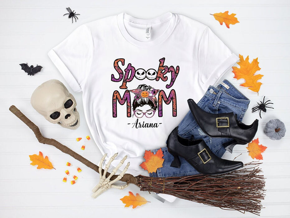 Personalized T-Shirt For Mom Spooky Mom Messy Bun Hair With Pumpkin Headband Printed Custom Name Shirt For Halloween