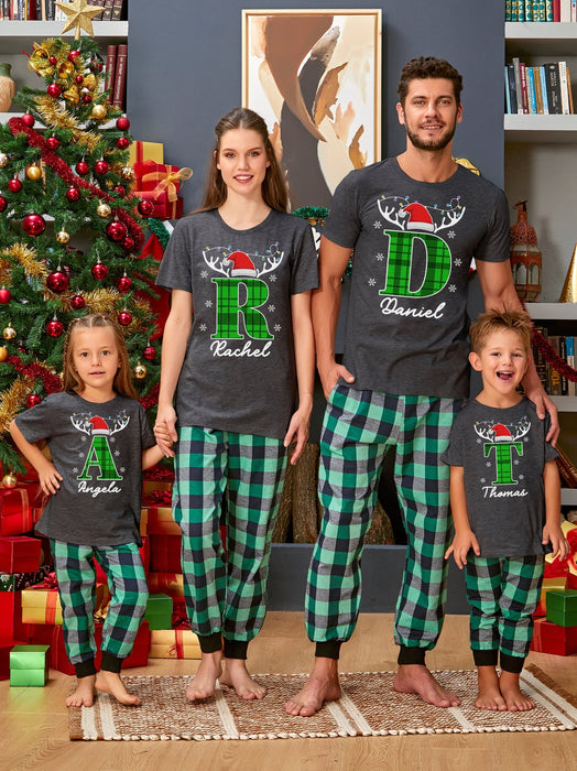 Personalized Matching Shirt For Family Reindeer Christmas Plaid Design With Santa Hat & Lights Custom Name & Initial