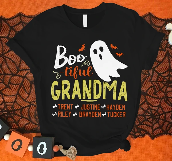 Personalized T-Shirt For Grandma Boo-tiful Grandma Cute Ghost With Bat Printed Custom Grandkids Name Shirt For Halloween