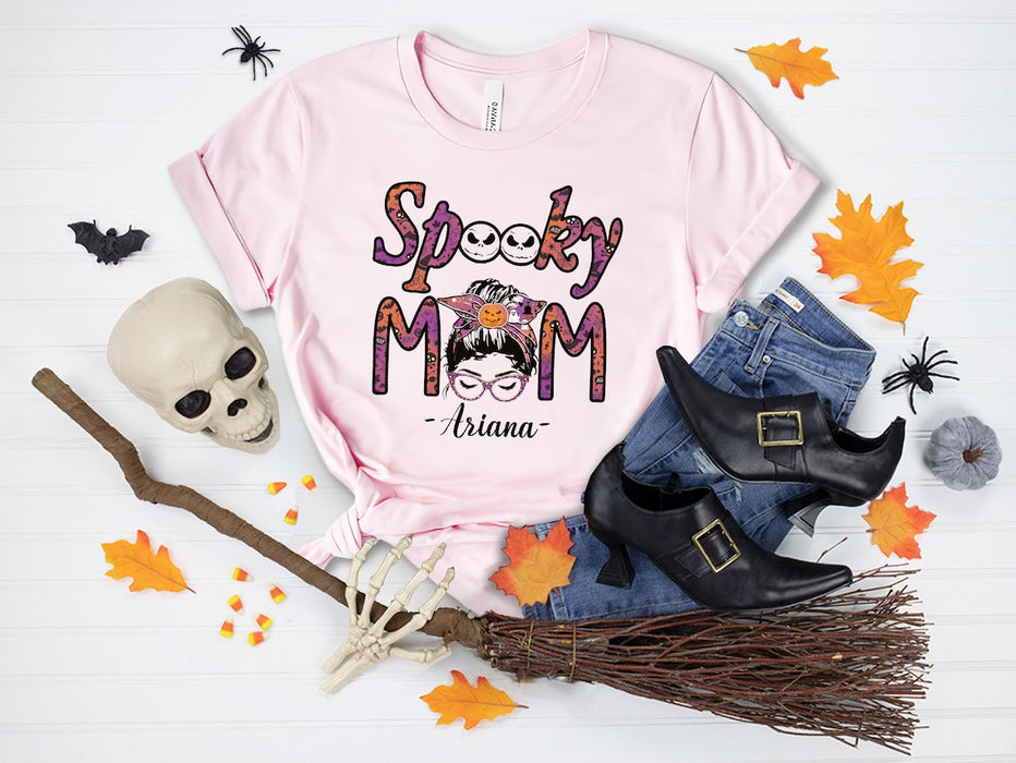 Personalized T-Shirt For Mom Spooky Mom Messy Bun Hair With Pumpkin Headband Printed Custom Name Shirt For Halloween
