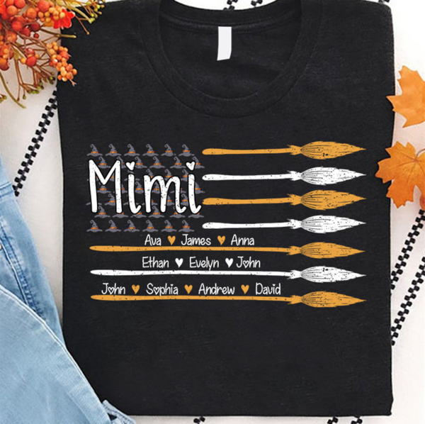Personalized T-Shirt For Grandma Mimi Witch Hat And Broom Printed Custom Grandkid's Name Shirt For Halloween