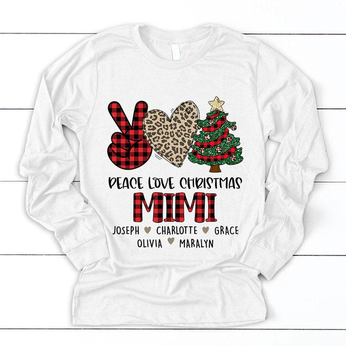 Personalized Sweatshirt & Hoodie For Grandma Peace Love Christmas Mimi Print Xmas Tree Heart Custom Grandkids Name