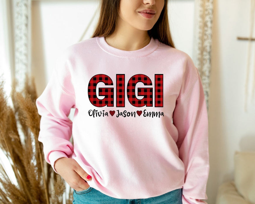 Personalized Christmas Sweatshirt For Grandma Gigi Shirt Custom Grandkids Names Red Buffalo Plaid Design