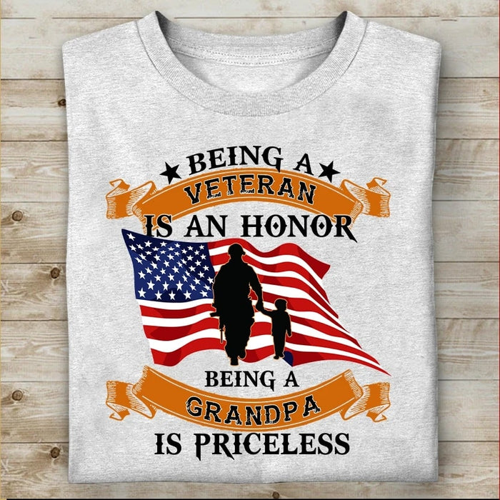 Personalized T-Shirt For Men Being A Veteran Is An Honor Being A Grandpa Is Priceless US Flag Printed