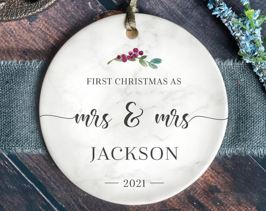Personalized Circle Ornament First Christmas As Mr & Mrs Flower Printed Custom Family Name Year First Married Ornament