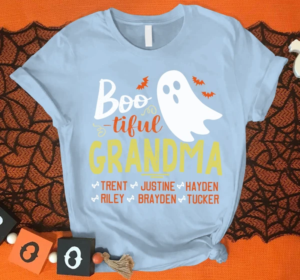 Personalized T-Shirt For Grandma Boo-tiful Grandma Cute Ghost With Bat Printed Custom Grandkids Name Shirt For Halloween
