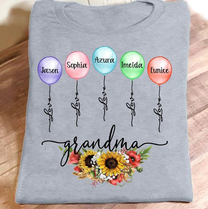 Personalized T-Shirt For Grandma Love Balloon Sunflower Printed Custom Grandkid's Name Color Design