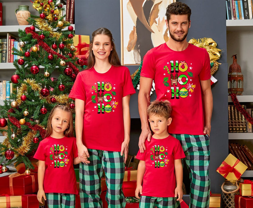 Classic Matching Shirt For Family Hohoho Funny Christmas Shirt With Santa Claus & Reindeer Printed Family Xmas Shirt