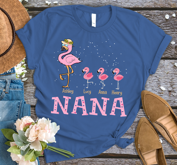 Personalized T-Shirt For Grandma Nana Pink Flamingo And Baby Printed Custom Grandkid's Name Floral Shirt