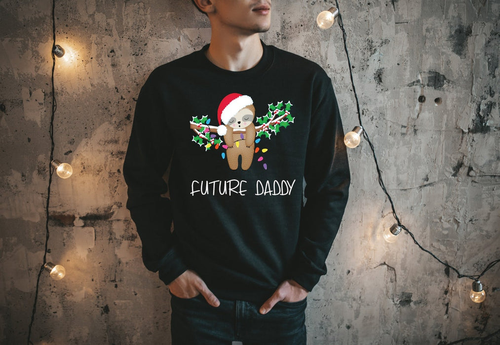 Personalized Sweatshirt For New Dad Future Daddy Cute Sloth With Santa Hat Sleep On The Tree Printed Custom Nickname